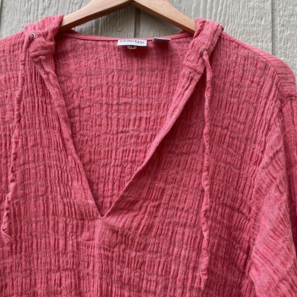 Chico's Crinkle Tunic Hoodie Womens Large Coral Pink 100% Linen Gauze Beach Boho - Picture 3 of 11